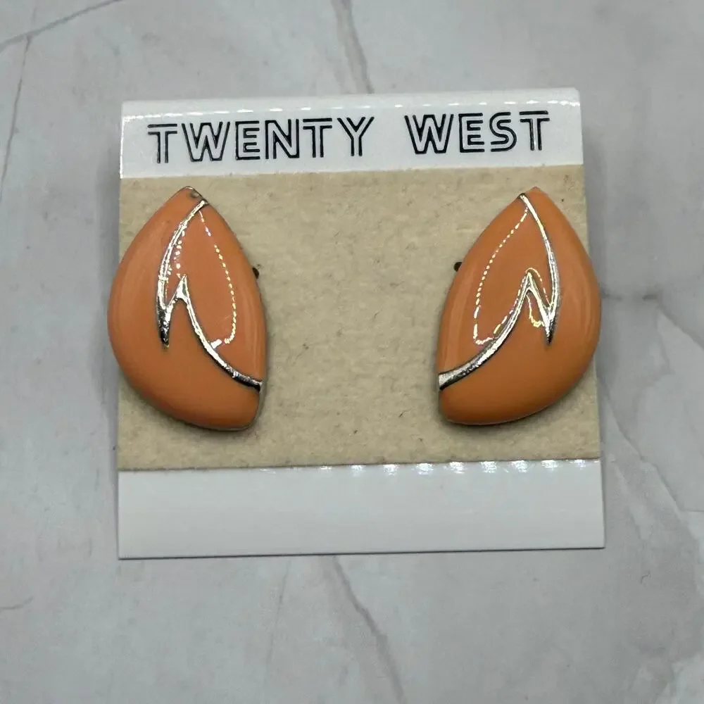 Vintage 1980s Twenty West Peach Enamel Gold Tone Post Earrings on Card